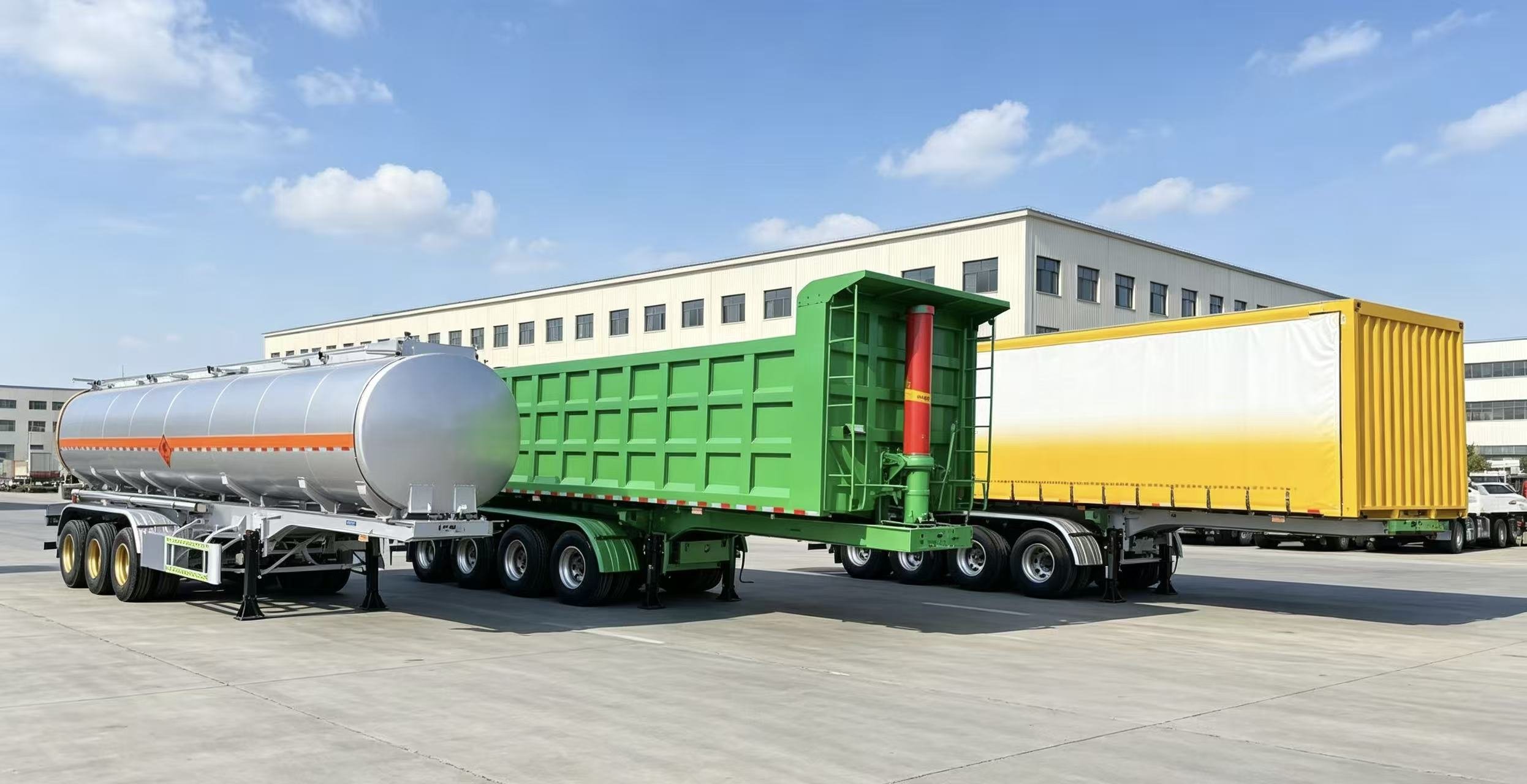 Tanker, dump and curtain-side trailers staged for delivery